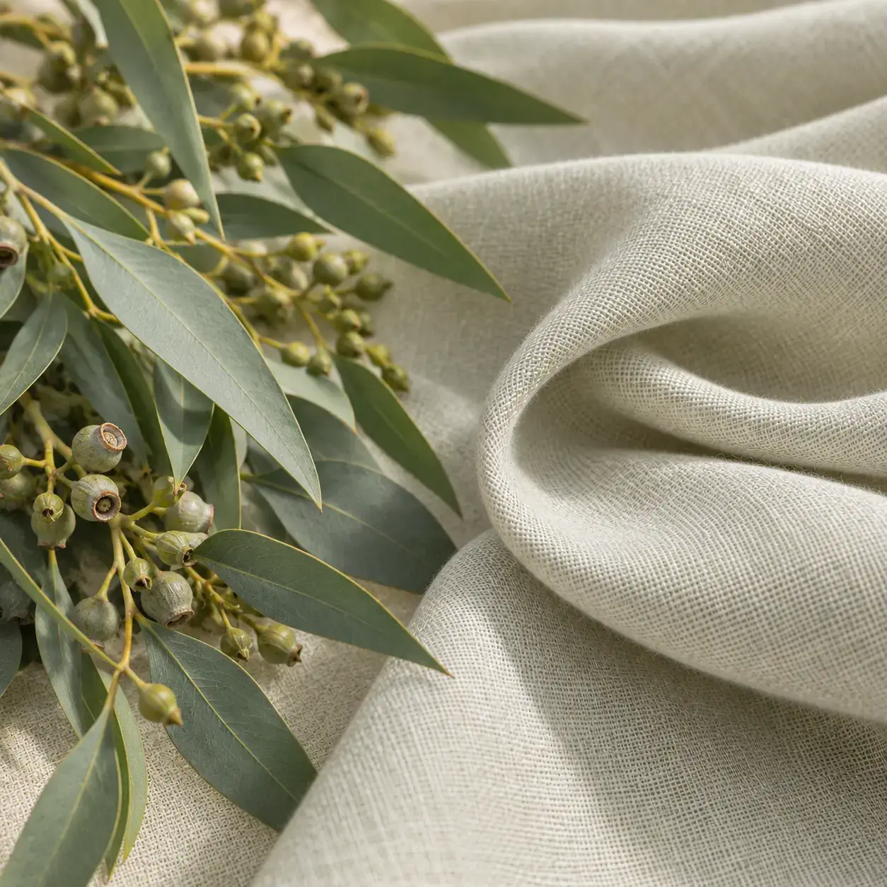 Eucalyptus leaves and seed pods beside soft woven fabric representing lyocell textile production.