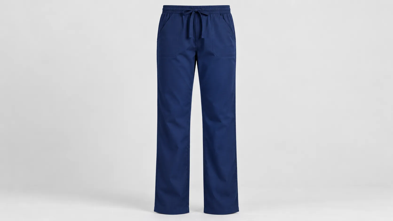 Navy straight-leg scrub pants with an elastic drawstring waistband, front pockets and a classic leg shape.