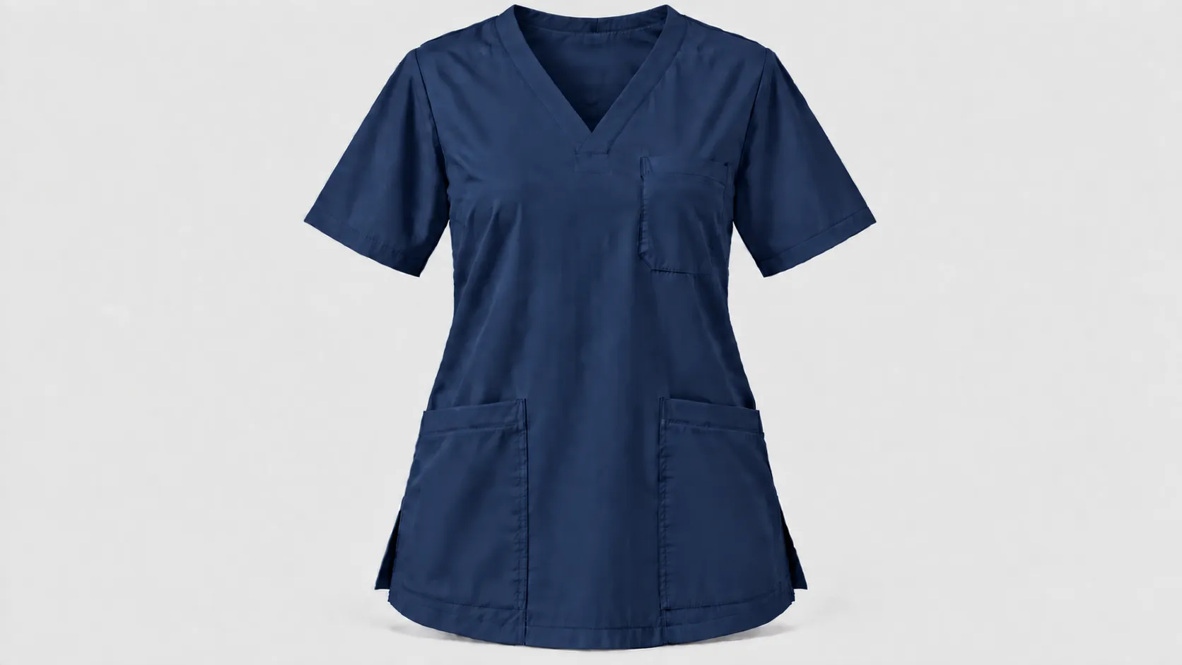 Navy V-neck scrub top with short sleeves, chest pocket, two lower patch pockets and side vents.