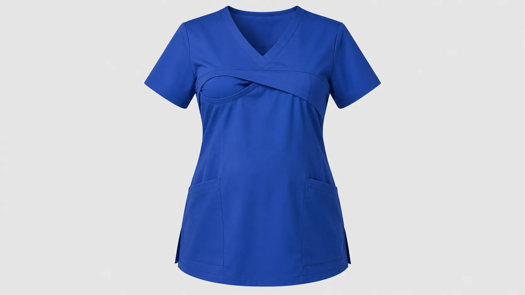 Women’s royal blue nursing scrub top featuring a crossover access panel and two front patch pockets.