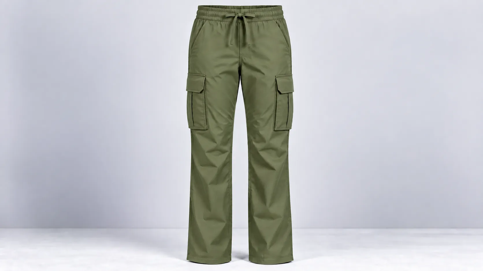 Olive scrub pants featuring an elastic drawstring waist and roomy cargo pockets on both legs.