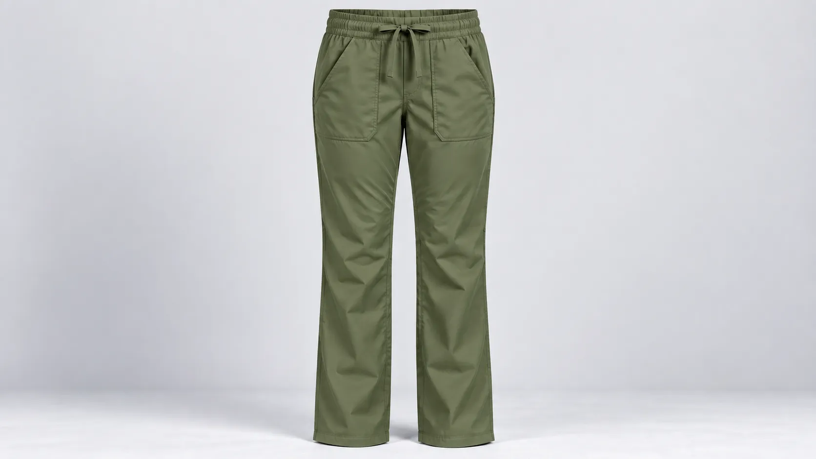 Olive green scrub pants with an elastic drawstring waistband and large patch pockets at the hips.