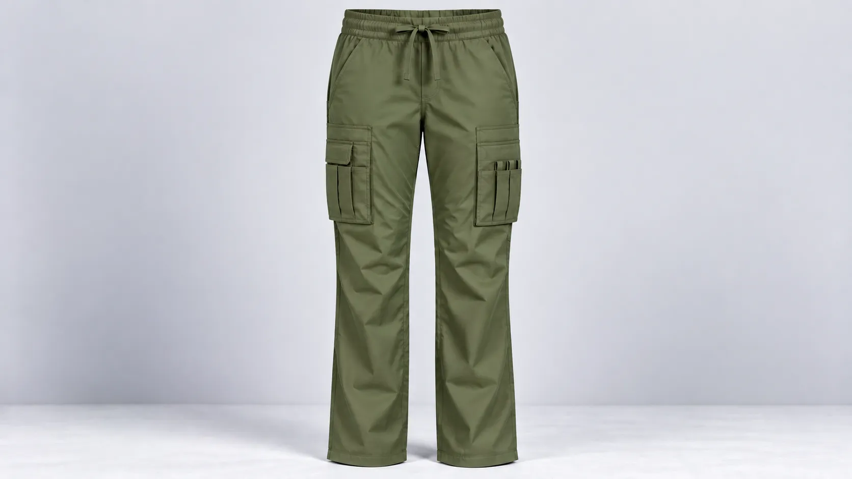 Olive green scrub pants with a drawstring waist and multi-compartment utility pockets on both legs.