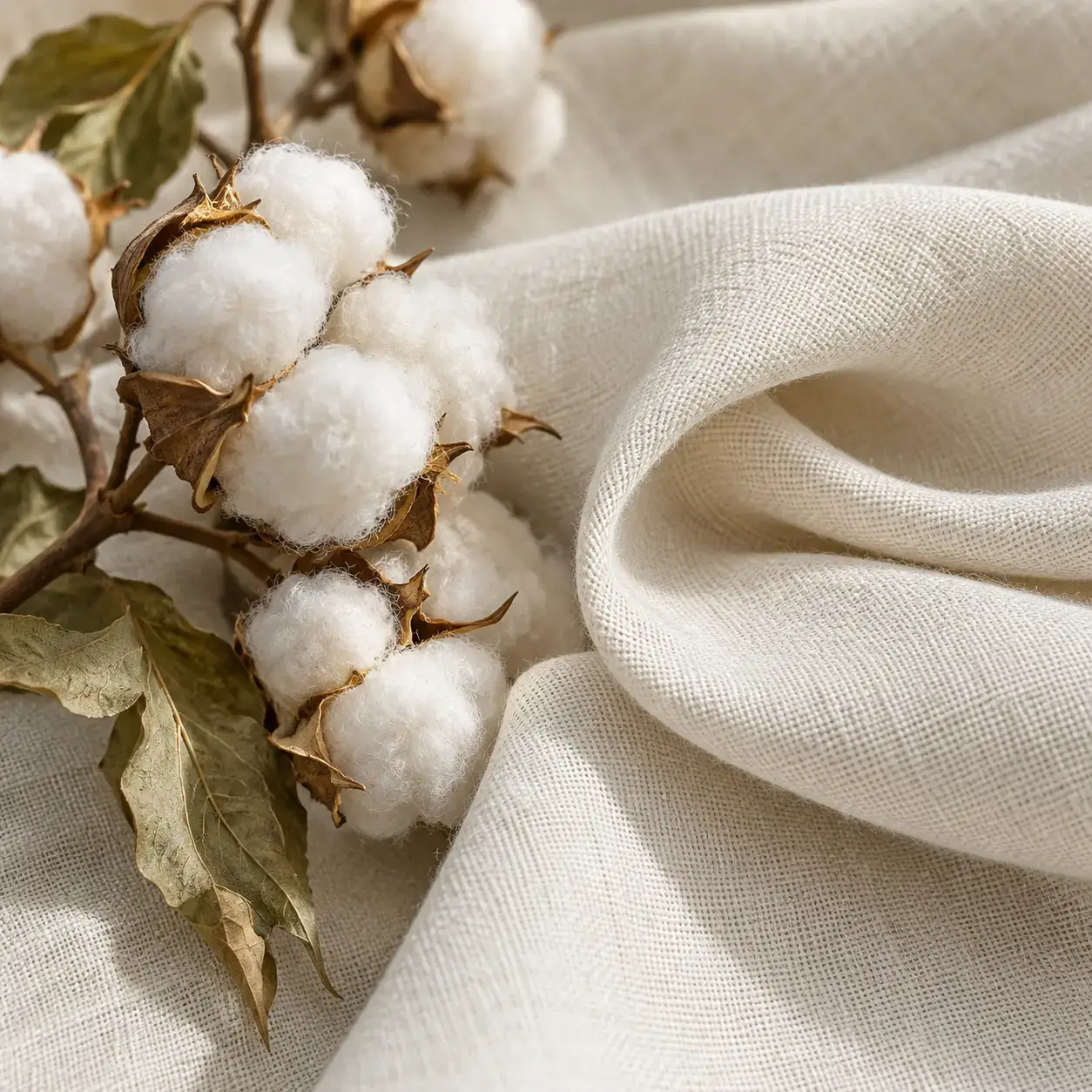 Natural cotton bolls beside soft woven fabric, representing cotton textile material for apparel manufacturing.