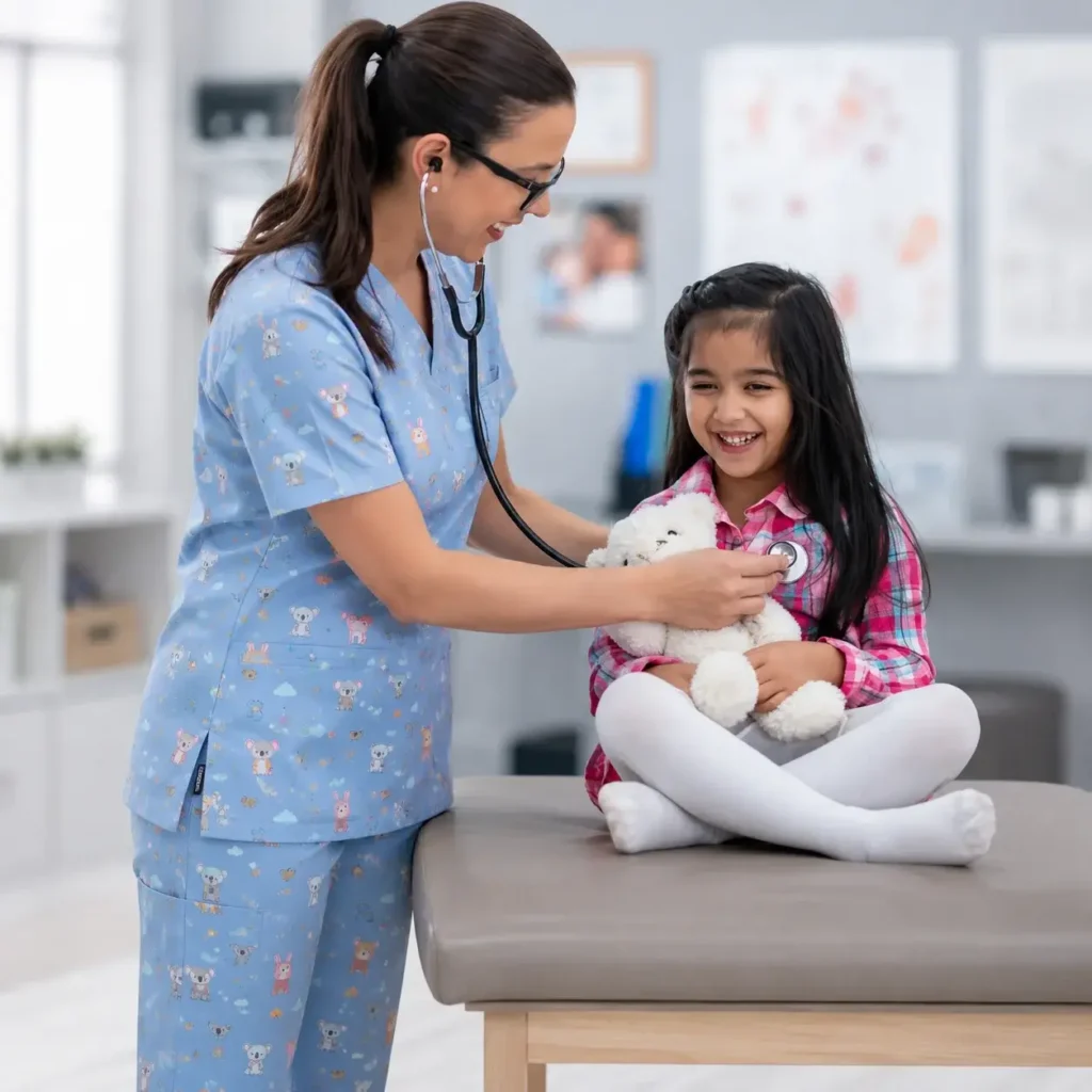 Pediatric healthcare professional in light blue printed scrubs uses a stethoscope while examining a smiling young patient.