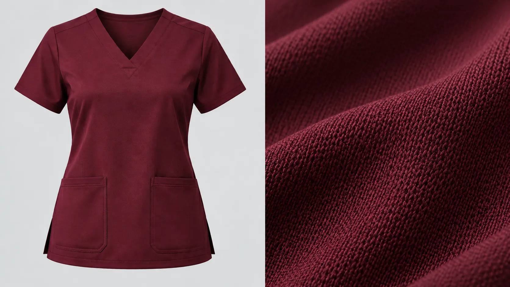 Performance knit scrub top in burgundy displayed with a close-up of the fabric texture.