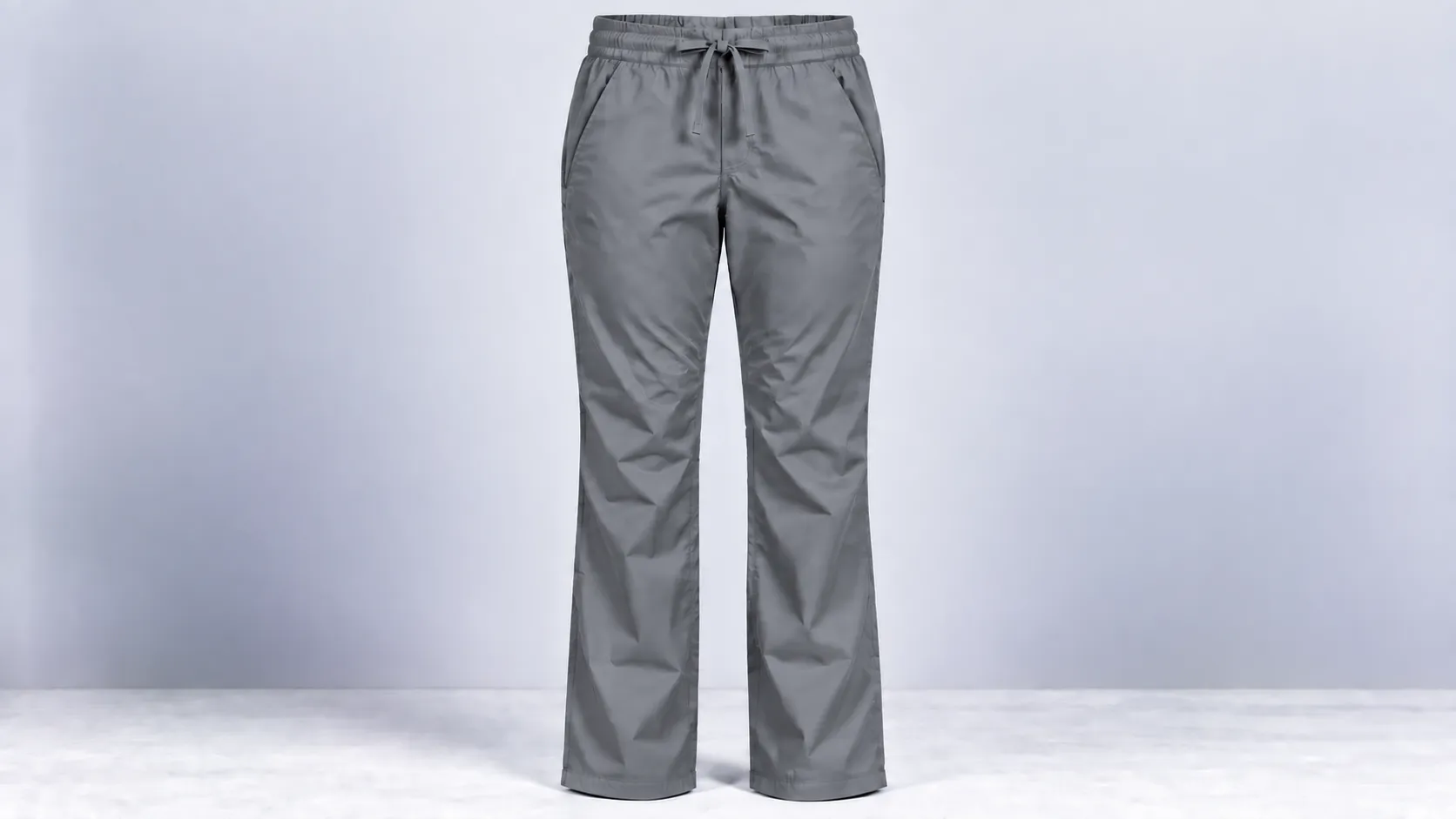 Pewter straight-leg scrub pants with an elastic drawstring waistband and front side pockets.