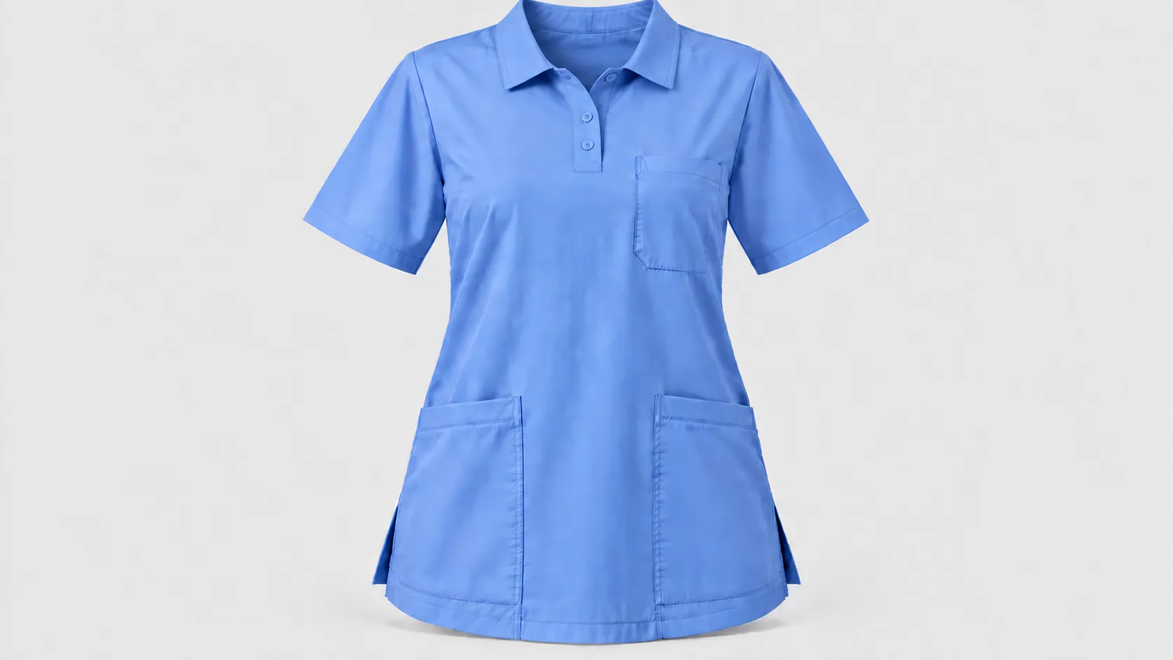 Light blue polo scrub top with button collar, short sleeves, chest pocket and two large front pockets.