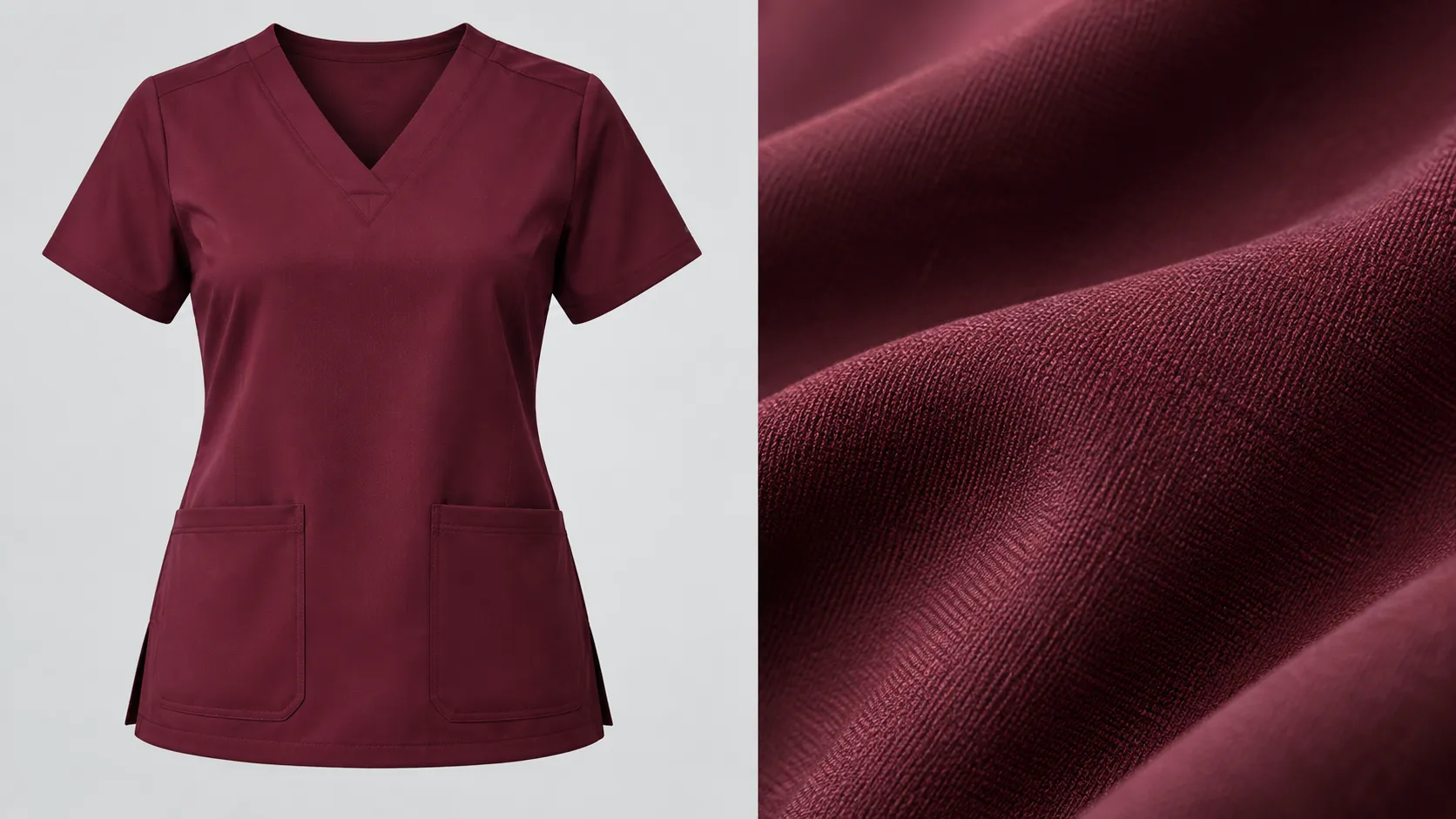 Burgundy V-neck scrub top with two front pockets shown beside polyester-rayon blend fabric.