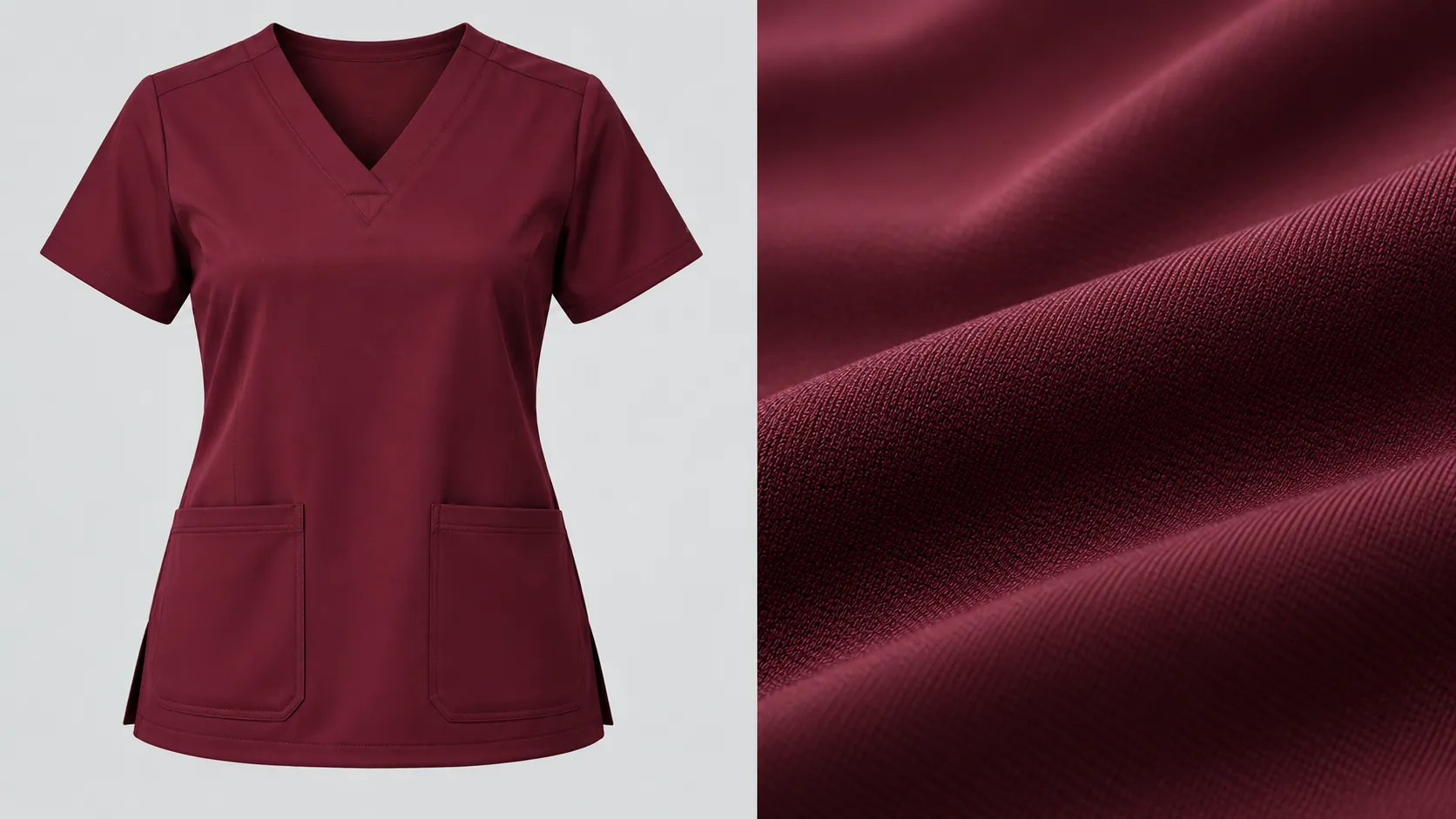 Polyester-spandex scrub top in burgundy displayed with a close-up of its stretch fabric texture.