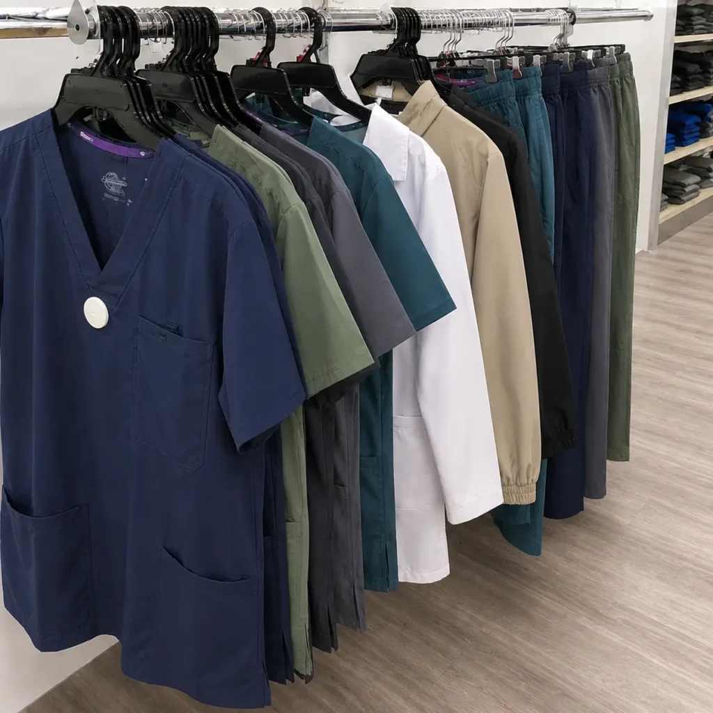 Retail Inventory displays navy, green, gray and teal scrub tops with matching pants in wardrobe.