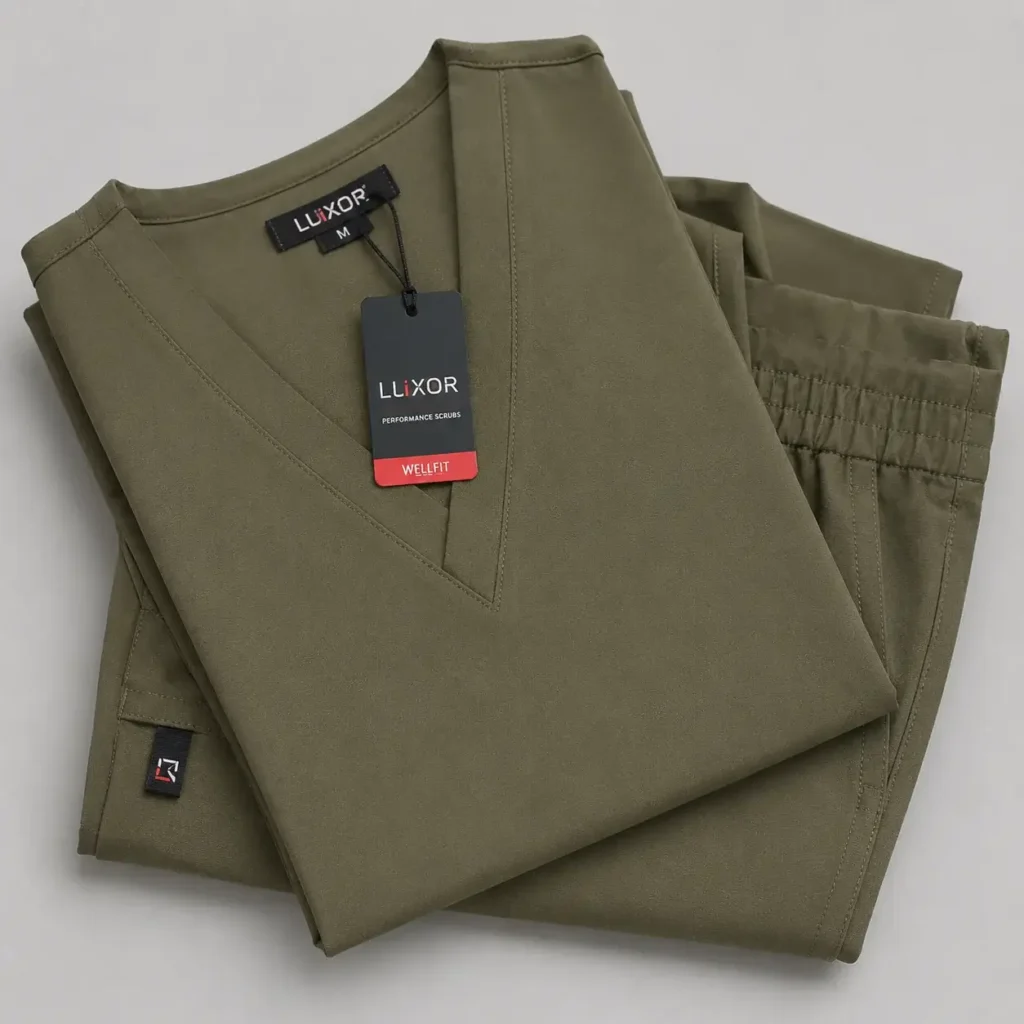 Folded olive green medical scrub top and matching pants with branded neck label and hangtag displayed for product presentation.