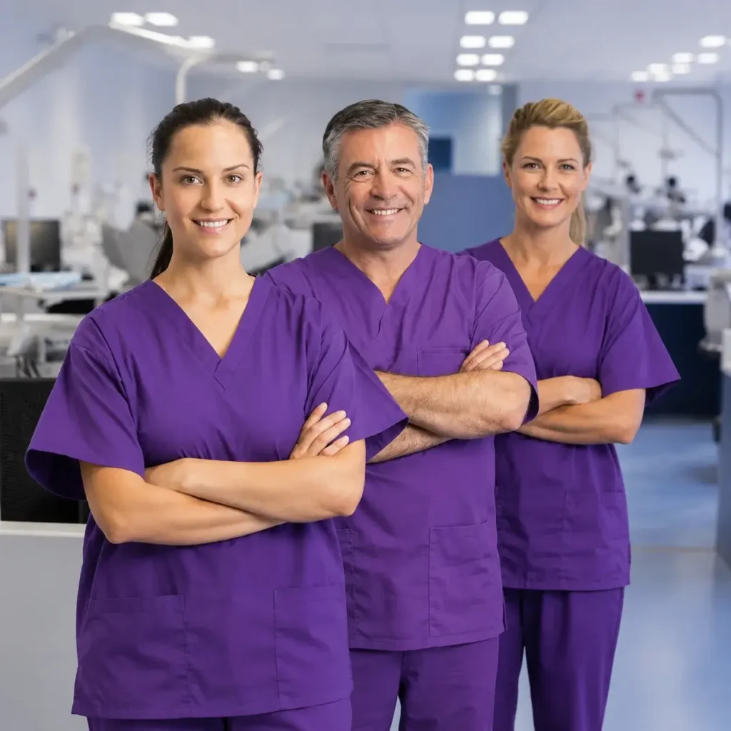 Three healthcare professionals wearing matching modern custom medical scrubs stand together inside a modern clinical practice.