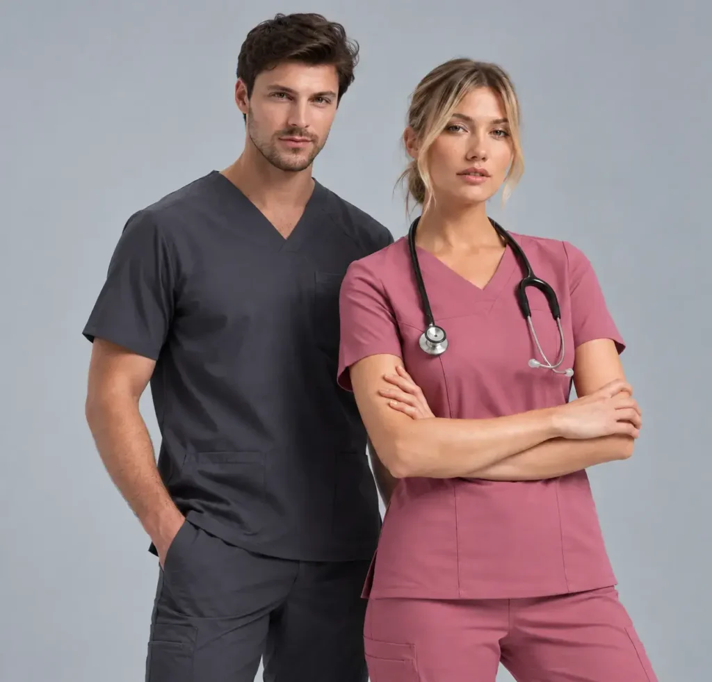 Healthcare professionals wearing coordinated charcoal and pink scrub sets demonstrating true craftsmanship.