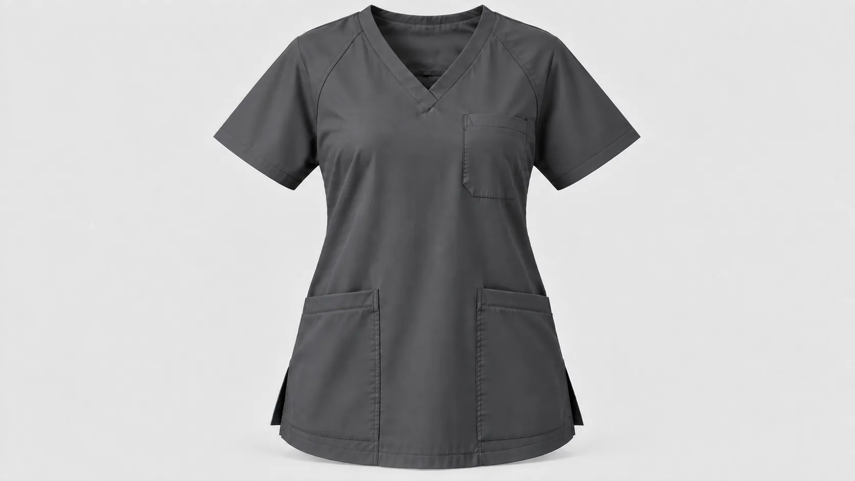 Gray V-neck scrub top with short raglan sleeves, two front pockets and a chest pocket.