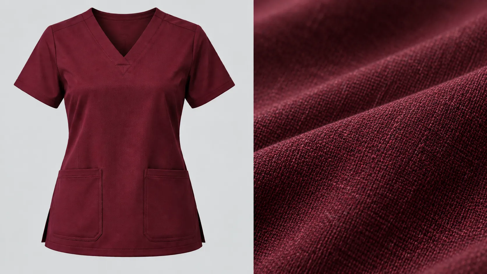 Burgundy V-neck scrub top with two front pockets shown beside a close-up of recycled fabric.