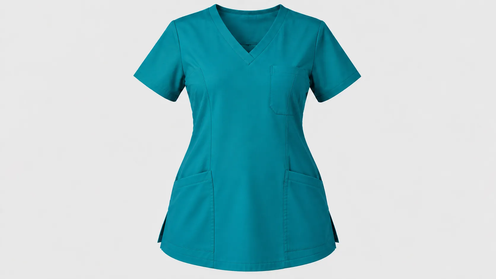 Teal relaxed-fit scrub top with V-neck, short sleeves, chest pocket and two large front pockets.