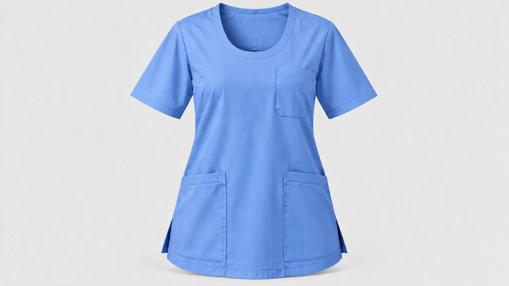 Scoop-neck light blue scrub top featuring three front pockets, short sleeves and a relaxed silhouette.