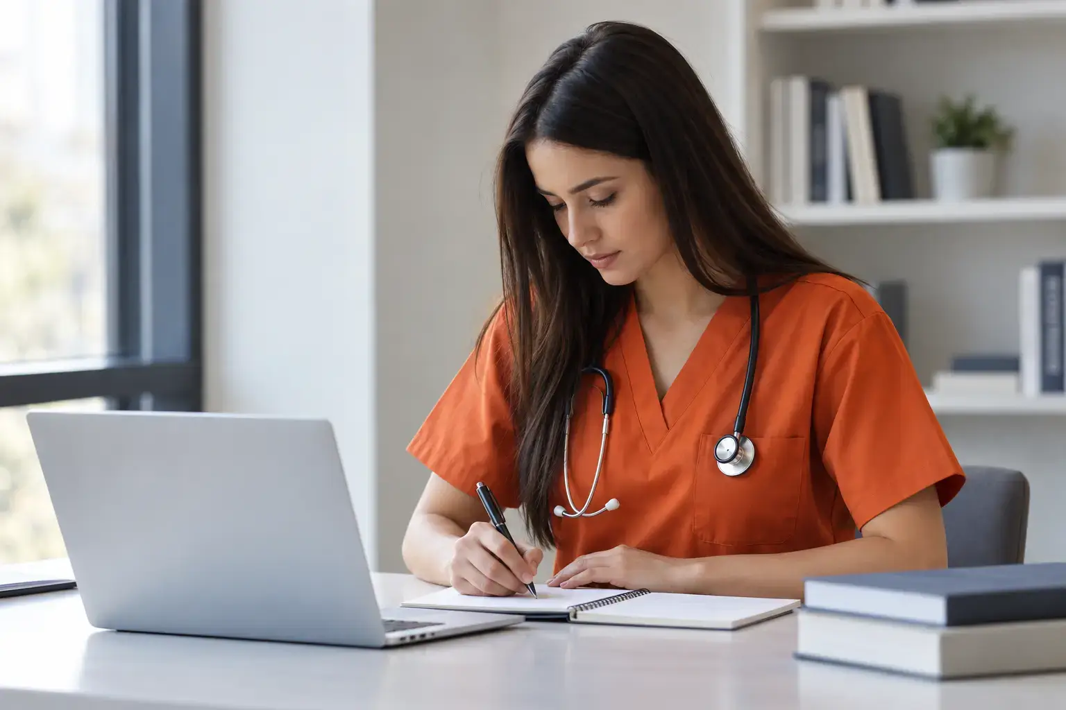 The medical student wearing an orange scrubs and stethoscope while studying with a laptop and a notebook.