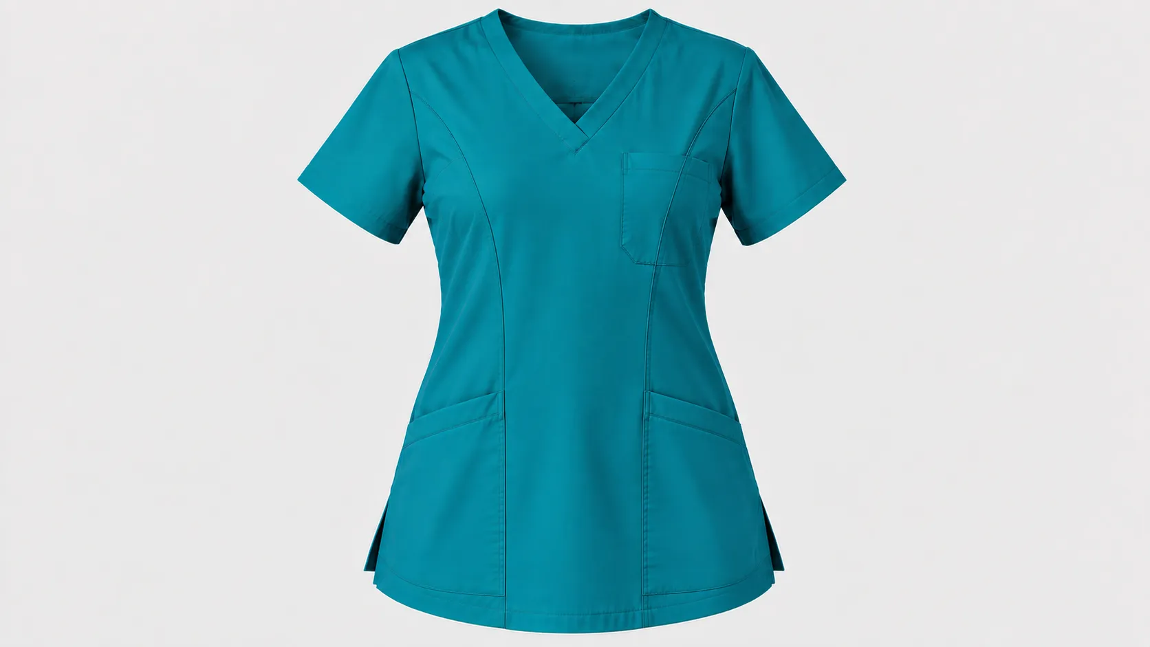 Women’s teal scrub top featuring curved panel seams, V-neck, short sleeves and three front pockets.