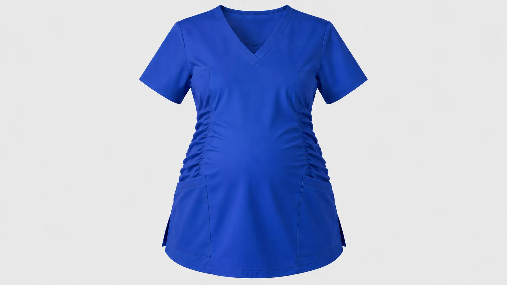 Royal blue scrub top with V-neck, short sleeves, adjustable side ruching and two front pockets.