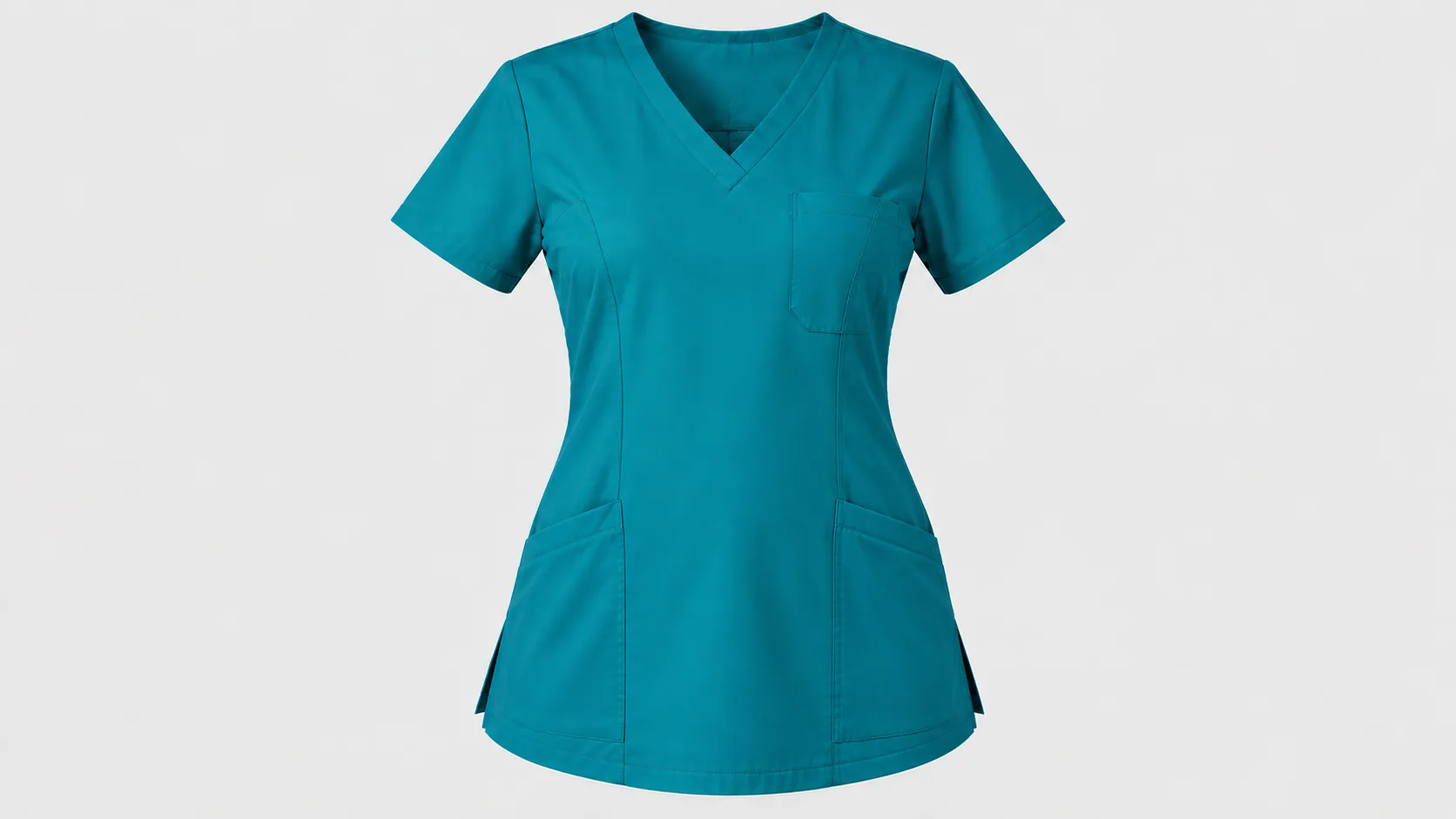 Women’s teal V-neck scrub top with a slim silhouette, shaped seams and three front pockets.