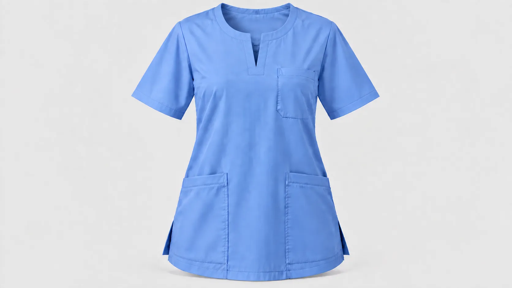 Light blue split-neck scrub top with short sleeves, chest pocket, two lower patch pockets and side vents.