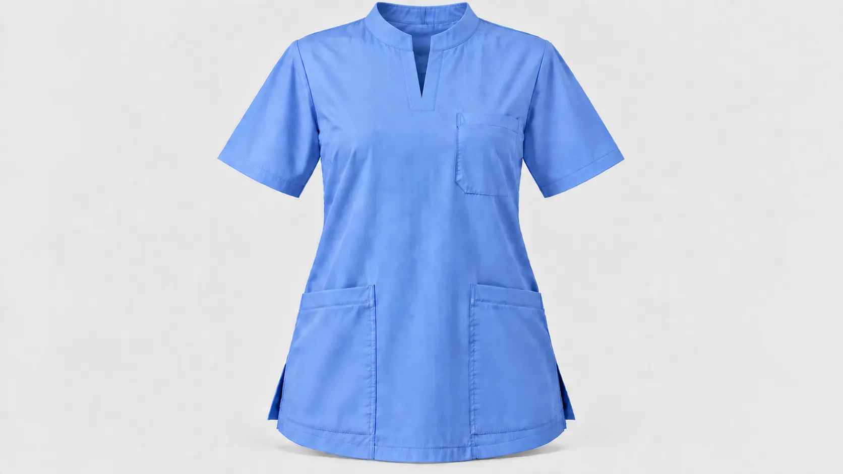 Stand-collar light blue scrub top featuring three front pockets, short sleeves and side vents.
