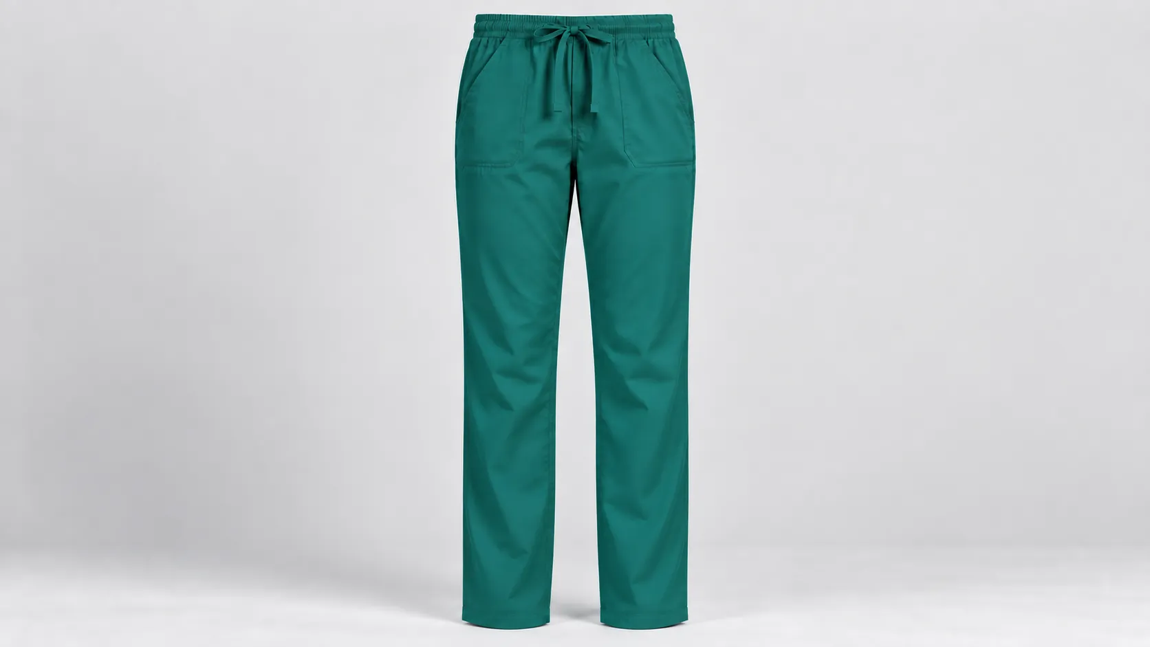 Teal scrub pants featuring a straight-leg hem, drawstring waistband and two roomy front patch pockets.