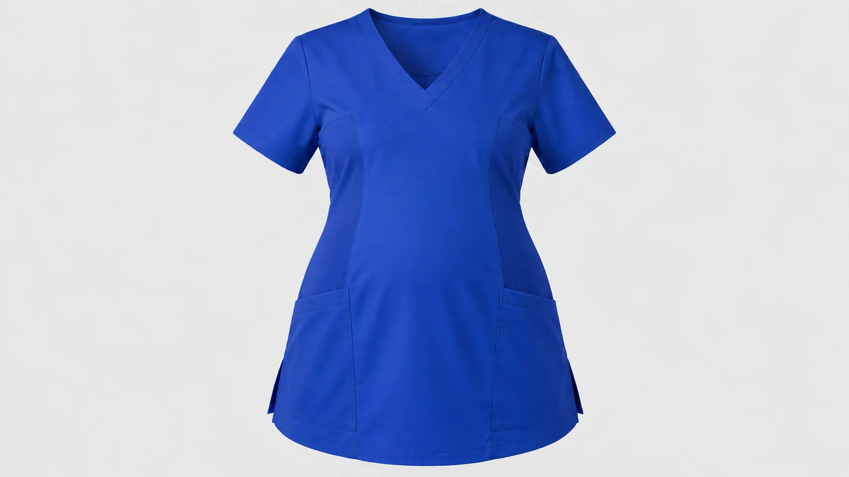 Women’s royal blue scrub top featuring flexible side panels, a V-neck and two front pockets.