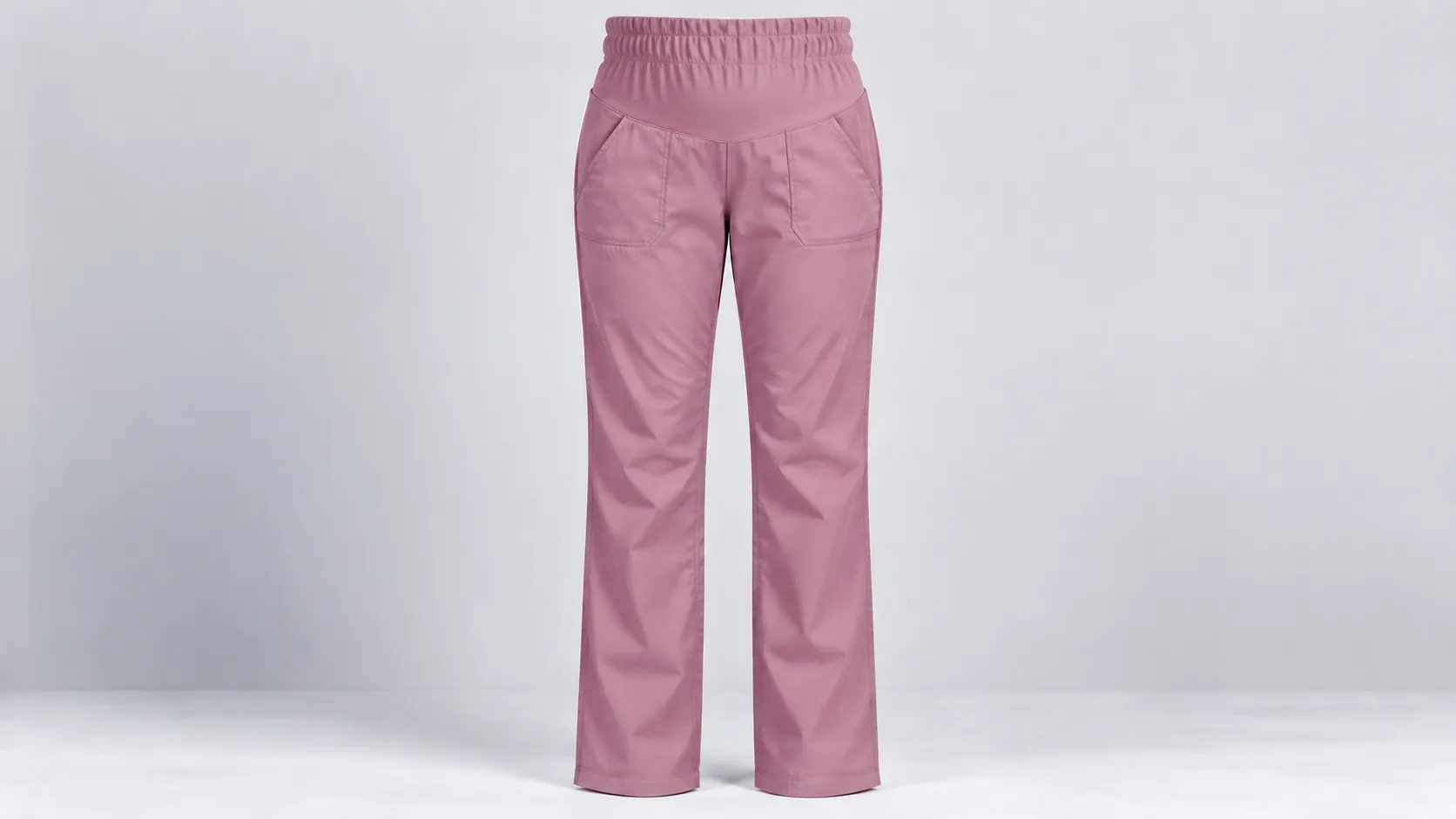 Pink maternity scrub pants with a gathered stretch waistband, front patch pockets and straight legs.
