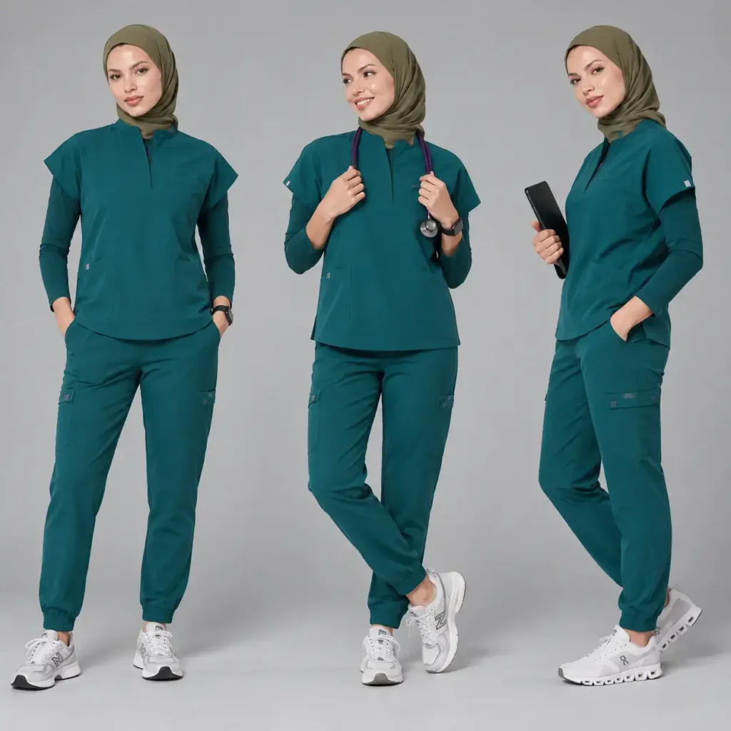 Teal medical scrub set styled with a coordinating hijab and long sleeves, featuring jogger pants and functional cargo pockets.