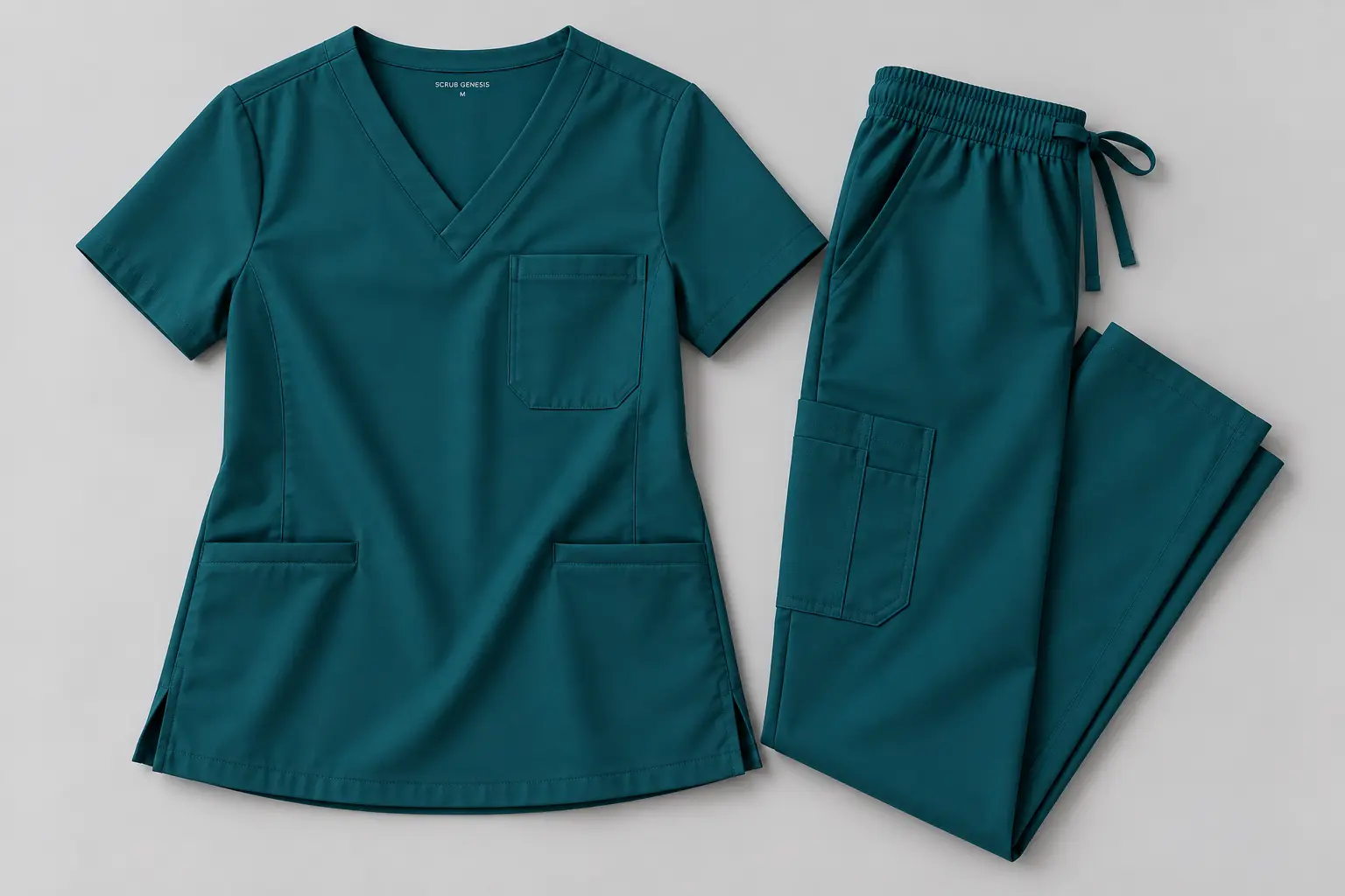 Teal medical scrub top and pants set featuring utility pockets, V-neck styling and drawstring waist.