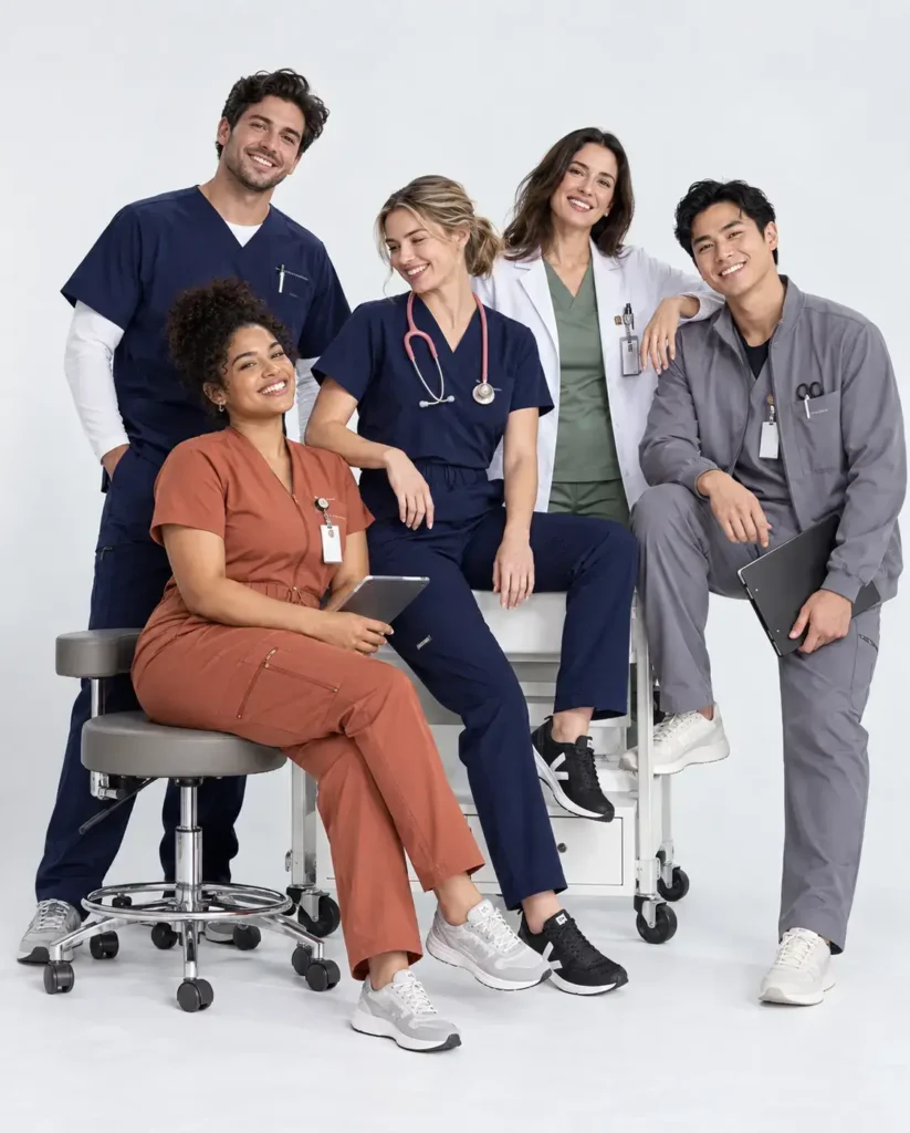 The US healthcare team wearing precisely manufactured scrubs depicting true styles and colors.