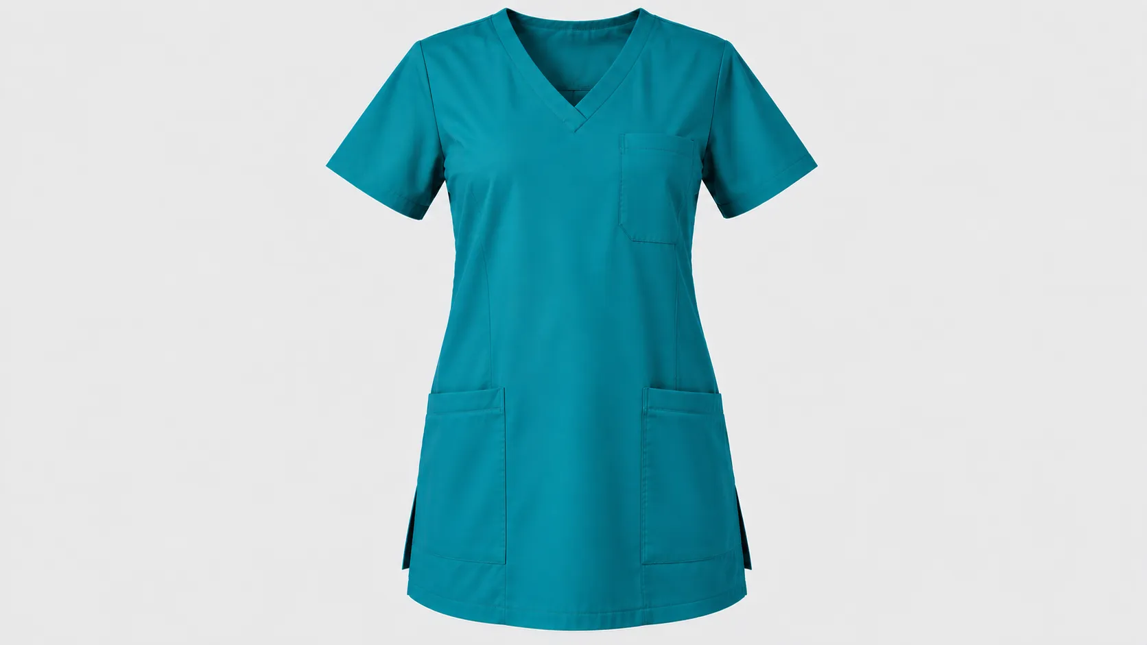 Teal scrub tunic with V-neck, short sleeves, longer length, chest pocket and two lower pockets.