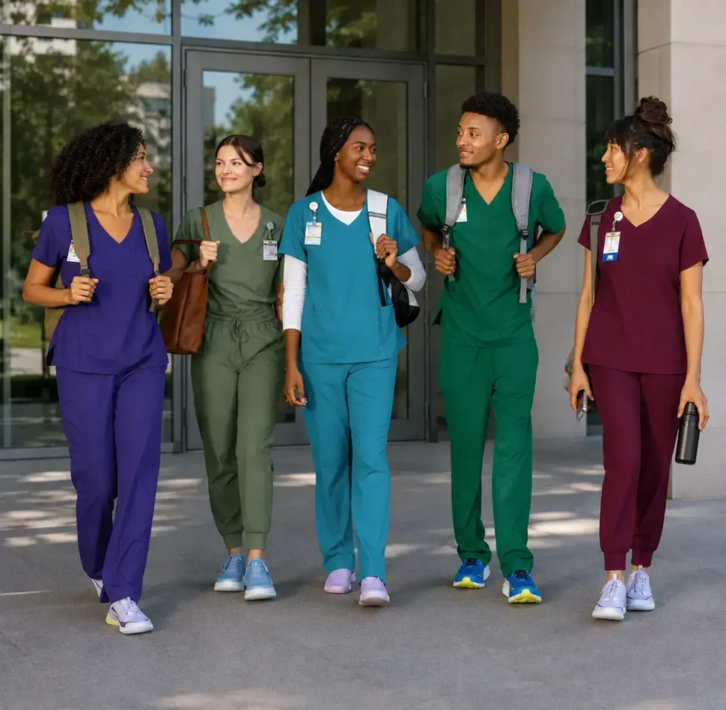Five medical students wearing colorful scrub uniforms with ID badges and backpacks walk together outside a medical school.