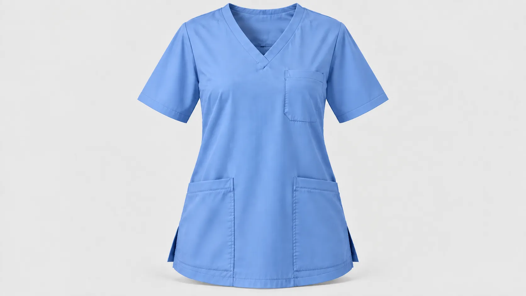 Light blue V-neck scrub top with short sleeves, chest pocket, two large lower pockets and side vents.
