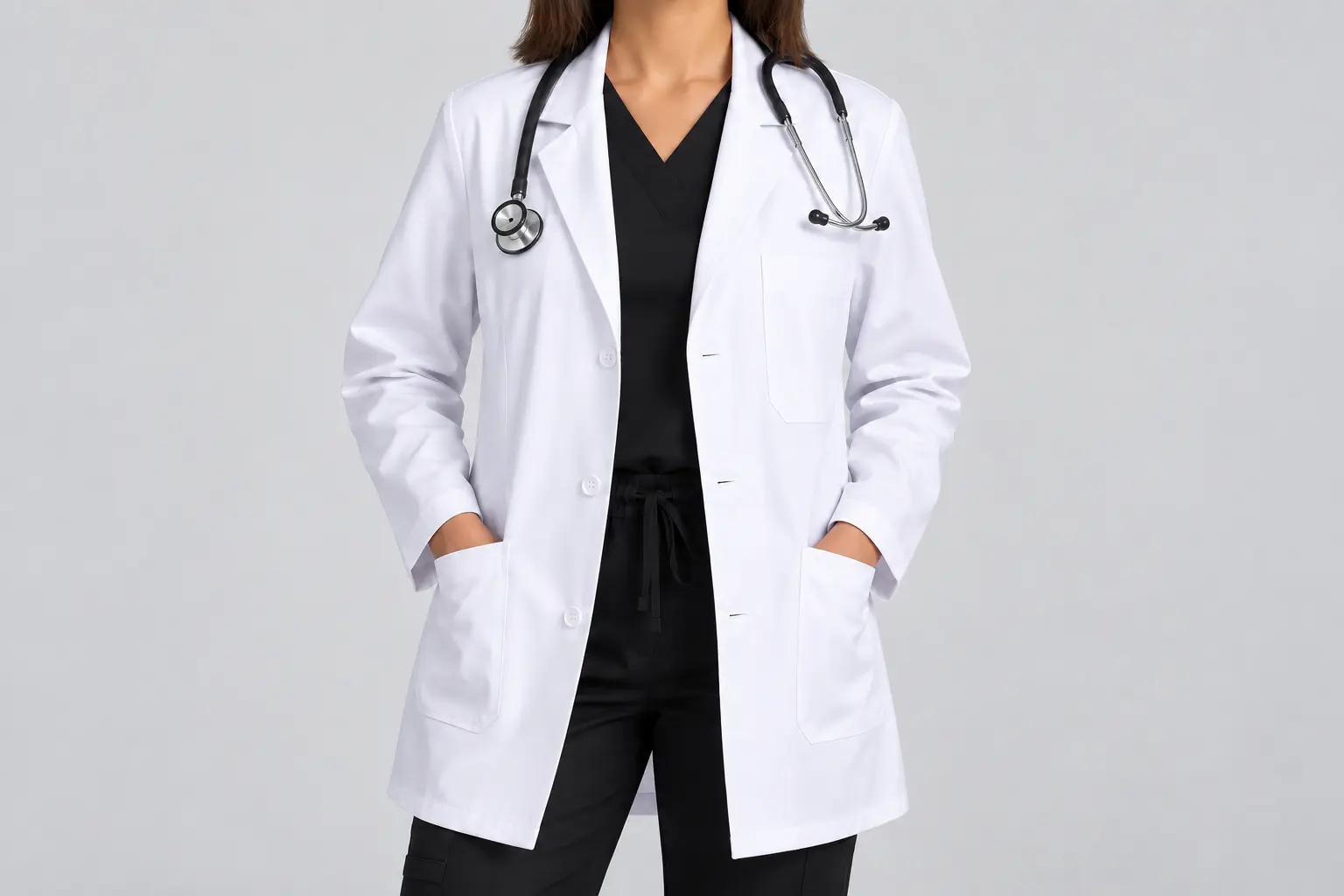 Women's white doctor lab coat with long sleeves and multiple pockets, layered over black medical scrubs.