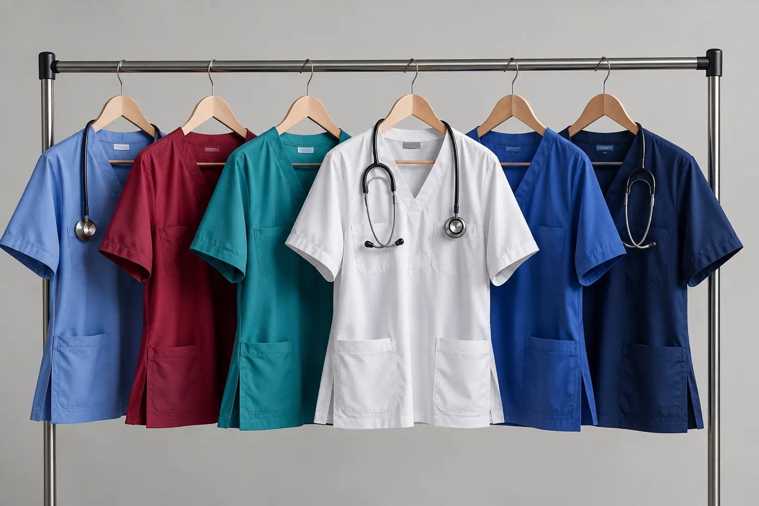 Wholesale medical scrubs tops manufactured in multiple colors displayed together on a clothing rack.