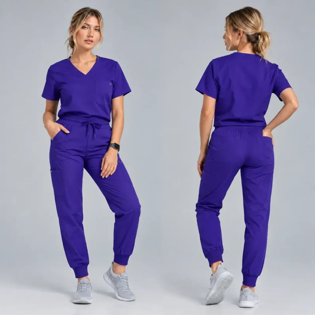 Woman models high performance and professional medical scrub set from front and back with V-neck top, drawstring jogger pants and utility pockets.