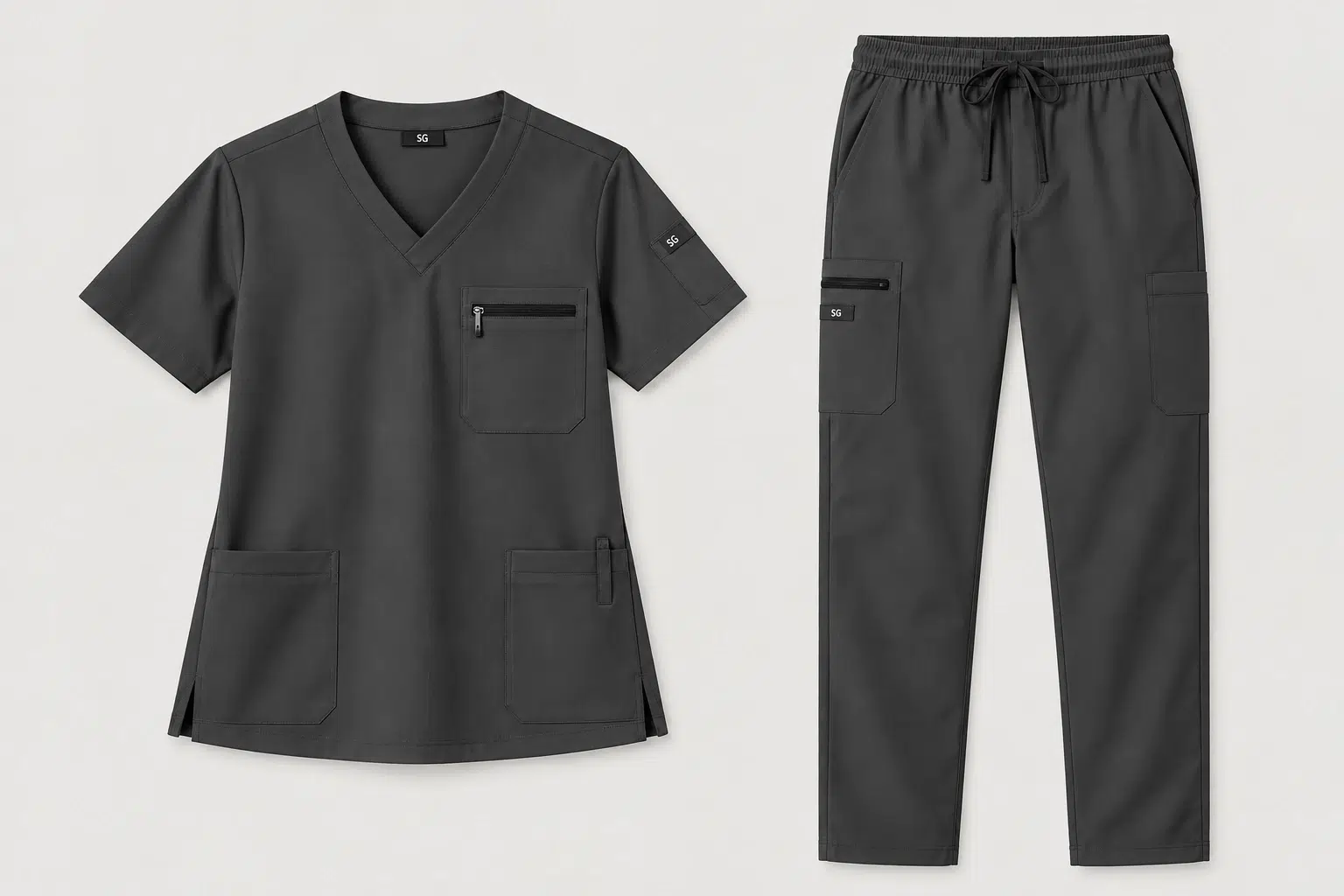 Matching charcoal grey scrub top and pants featuring a V-neck, utility pockets and drawstring waistband.