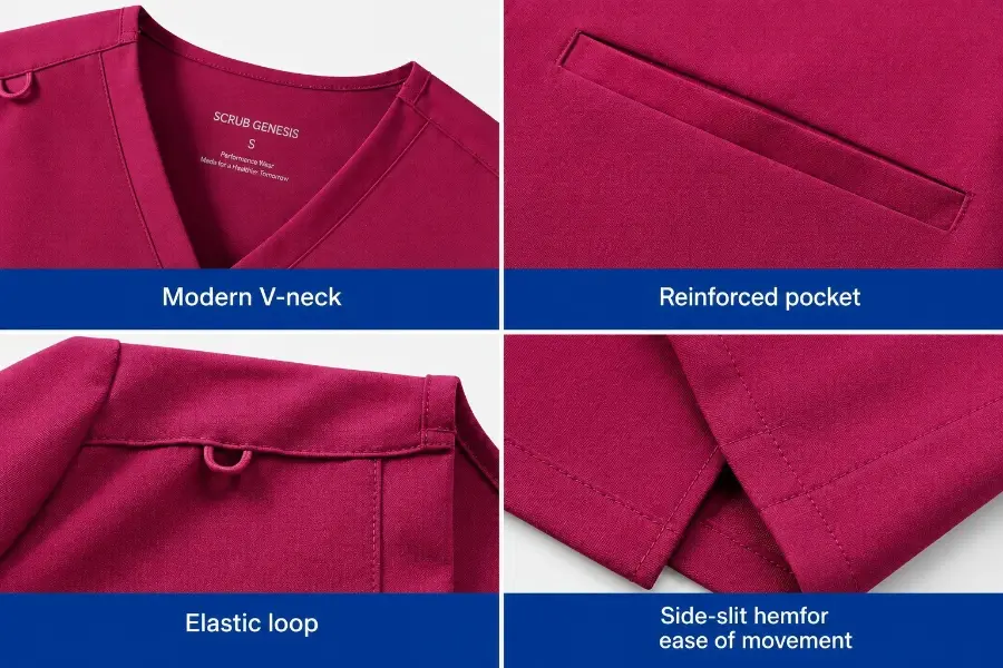 Custom medical scrub manufacturing details showing a magenta scrub top in a four-panel layout.