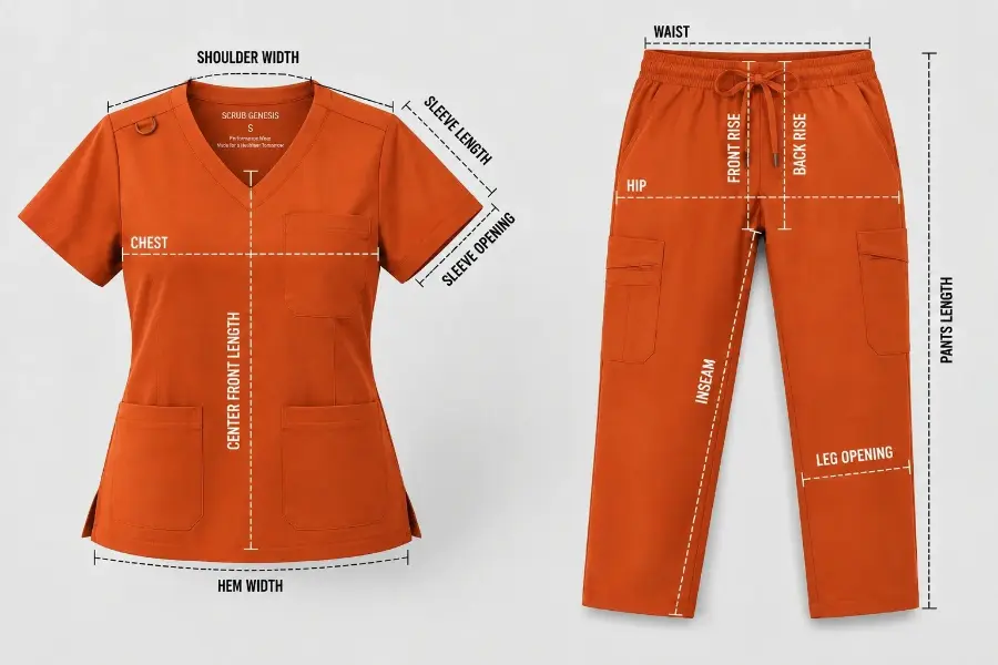 Custom medical scrub product design with detailed garment measurements.