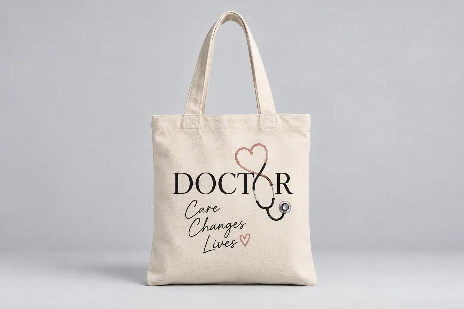 Reusable canvas doctor tote bag with stethoscope design and healthcare-inspired message for medical professionals.