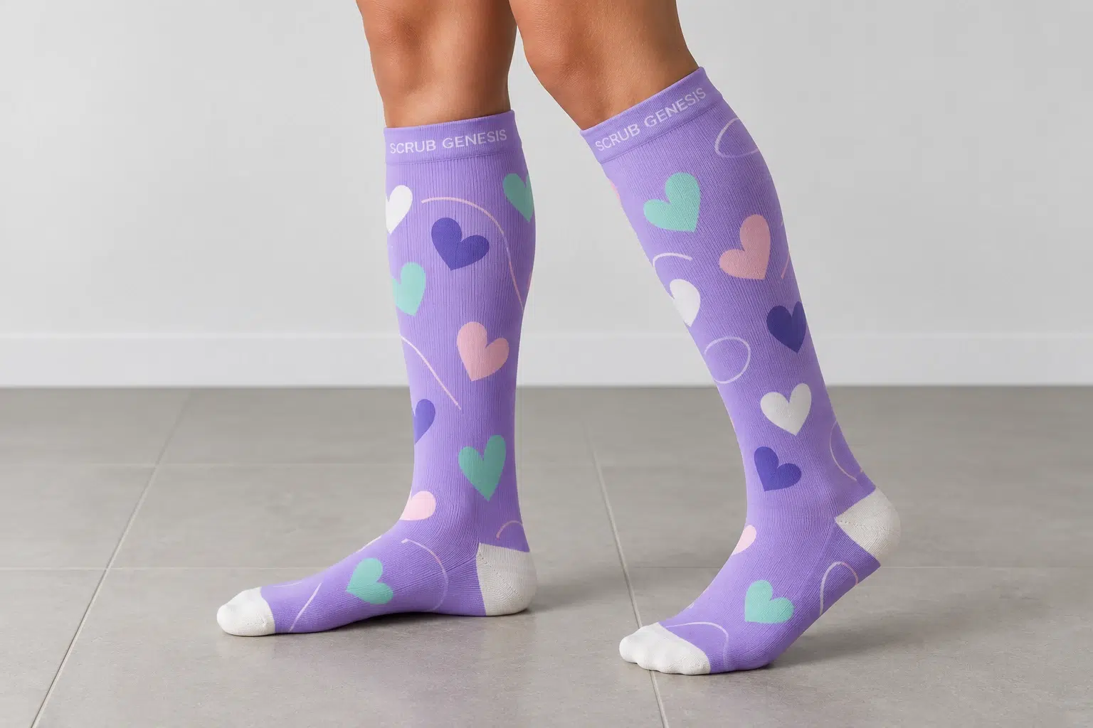 Purple medical compression socks with multicolor hearts, white heels and toes, shown worn knee-high.